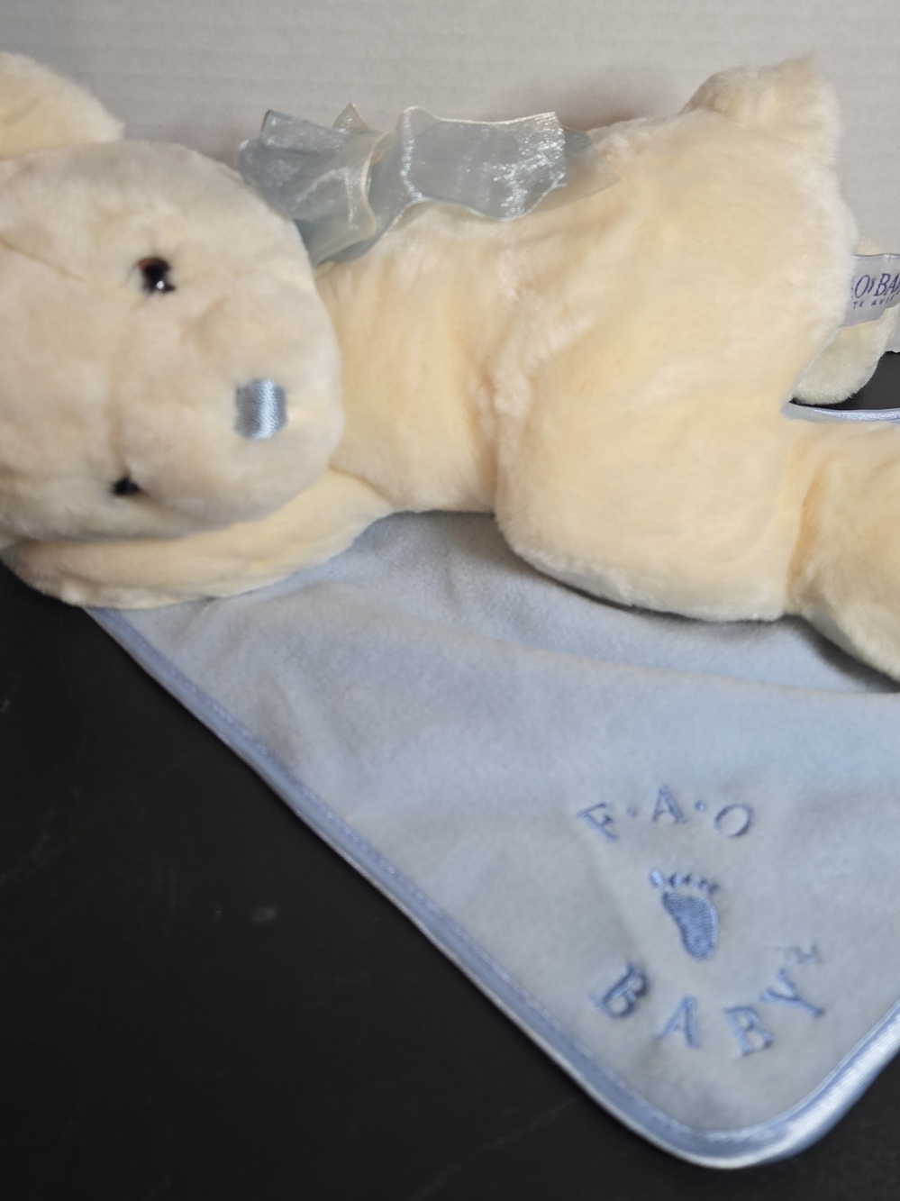 FAO Schwarz Baby Bear Laying Down Plush Blue Security Blanket Lovey